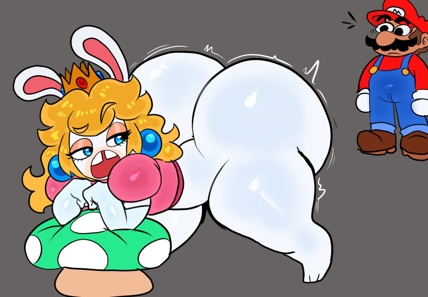 1boy 1girls anthro ass big_ass bottomless crossover crown earrings female furry hat huge_ass human lagomorph lagomorph_humanoid lemonadepikachu male mario mario_(series) mario_+_rabbids mario_+_rabbids:_kingdom_battle nintendo rabbid rabbid_peach raving_rabbids source_request tagme thick_thighs ubisoft video_games wide_hips