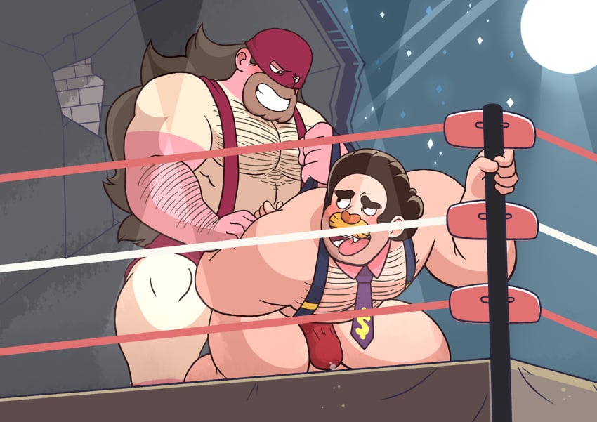 2boys adult_steven_universe arm_held_behind_back blush boner brown_hair chest_hair domination erection erection_under_clothes father_and_son gay gay_incest greg_universe hairy_male incest kneeling long_hair long_hair_male luchador makeup male_only mask muscular_male necktie partially_clothed pecs penis_shaped_bulge precum precum_through_bottomwear purico smiling steven_quartz_universe steven_universe suspenders teeth_clenched tongue_out wrestling wrestling_ring wrestling_singlet