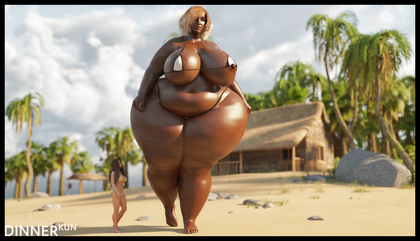 2girls 3d bbw beach big_breasts bikini blonde_hair breasts brown_hair curly_hair curvaceous curvy dark-skinned_female dark_skin dinner-kun giantess hair house huge_hips human hyper hyper_hips long_hair medium_hair mini_giantess nipple_slip olivia_(dinner-kun) outdoors outside overweight overweight_female palm_tree pear_shaped size_difference smaller_female thick_thighs thong thong_bikini thunder_thighs tree voluptuous walking wide_hips