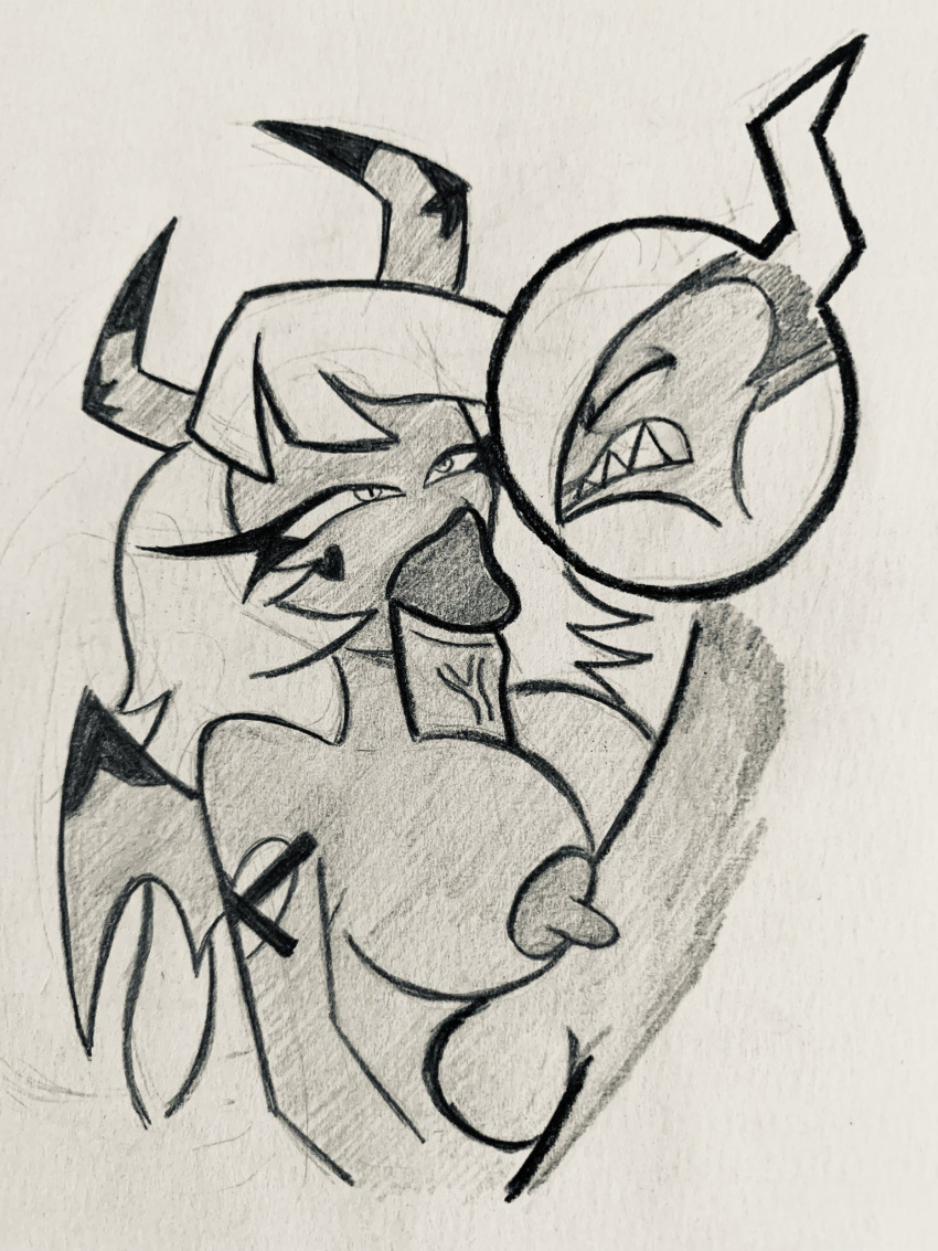 1boy 2demons big_breasts big_penis blitzo_(helluva_boss) blowjob breasts canon_couple drawn erect_nipples erect_penis female helluva_boss imp nipples saucyh0t succubus verosika_mayday_(helluva_boss) vivziepop