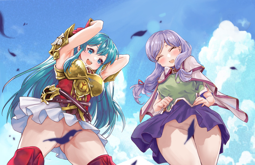 2girls :d absurdres aqua_hair armor armpits arms_up ass_visible_through_thighs blue_eyes blue_sky blush breastplate cape closed_eyes cloud cloudy_sky commission convenient_censoring eirika_(fire_emblem) falling_leaves female female_only fire_emblem fire_emblem:_path_of_radiance fire_emblem:_radiant_dawn fire_emblem:_the_sacred_stones from_below gloves green_shirt hair_ribbon highres ilyana_(fire_emblem) leaf long_hair looking_down low_twintails miniskirt multiple_girls nintendo no_panties open_mouth pixiv_commission purple_hair purple_skirt red_gloves red_shirt ribbon ru_roiroiro shirt skirt sky smile teeth thick_thighs twintails upper_teeth upskirt very_long_hair white_skirt wind wind_lift