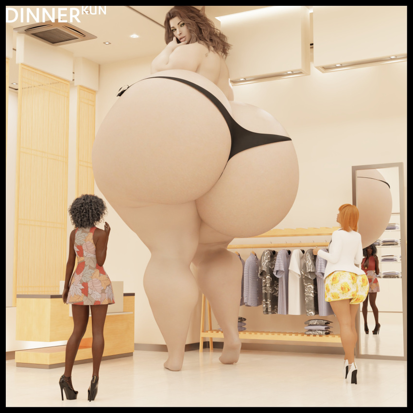 3d 3girls arya_nielson ass big_ass black_panties brown_hair clothing dark-skinned_female dark_skin digital_media_(artwork) dinner-kun elf giantess gigantic_ass goddess highres huge_ass hyper hyper_ass light-skinned_female light_skin mini_giantess pale-skinned_female pale_skin panties size_difference smaller_female standing topless watermark