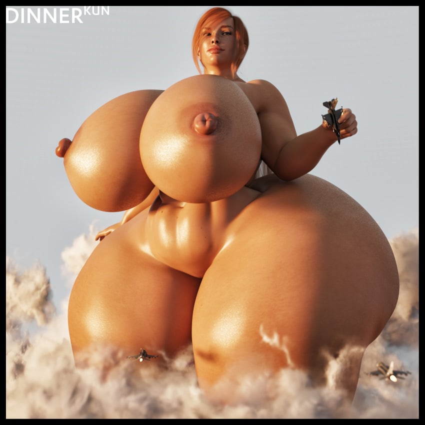 1girls 2022 3d aircraft airplane ashley_winstead big_breasts big_nipples breasts digital_media_(artwork) dinner-kun female giantess highres huge_breasts huge_hips huge_thighs jet naked naked_female nipples nude nude_female orange_hair short_hair thick_thighs wide_hips