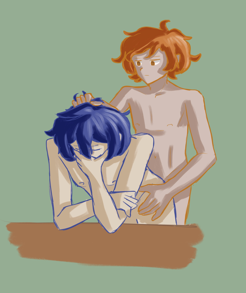 against_table bad_anatomy blue_hair closed_eyes closed_mouth danganronpa danganronpa_another fanganronpa from_behind implied_penetration implied_sex kinjo_tsurugi naked orange_hair straight_hair utsuro yaoi