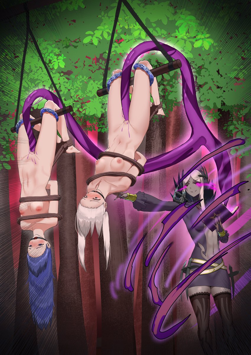 3girls aversa_(fire_emblem) blue_eyes blue_hair bondage bound captured dark_eyes dark_magic female femdom femsub fire_emblem fire_emblem_awakening gag lucina_(fire_emblem) magic multiple_girls nintendo open_mouth_gag popiiporoo rape restrained robin_(fire_emblem) robin_(fire_emblem)_(female) summoning tentacle tentacle_rape tentacle_sex twintails upside-down white_hair