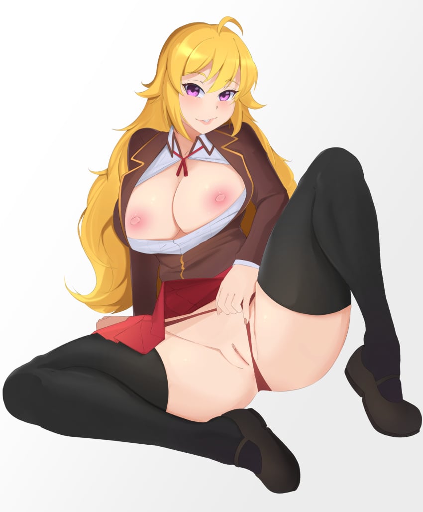 1girls ahoge areolae beacon_academy_uniform blonde_hair breasts female_only large_breasts long_hair looking_at_viewer neovixtadiz nipples panties panties_aside pussy rwby school_uniform seductive seductive_gaze seductive_look seductive_pose shaved_pussy shiny_hair shiny_skin smile smiling_at_viewer solo tagme violet_eyes yang_xiao_long