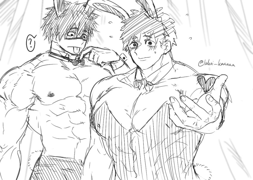 2boys blush bunny_boy bunny_ears bunnysuit clone crossdressing detached_collar facial_tattoo hayami_masaki kengan_(series) kengan_ashura kengan_omega laksi_kaaaaa looking_at_viewer male male_only meguro_masaki monochrome muscular muscular_male rough_sketch sketch smile sweat tongue_out topless_male