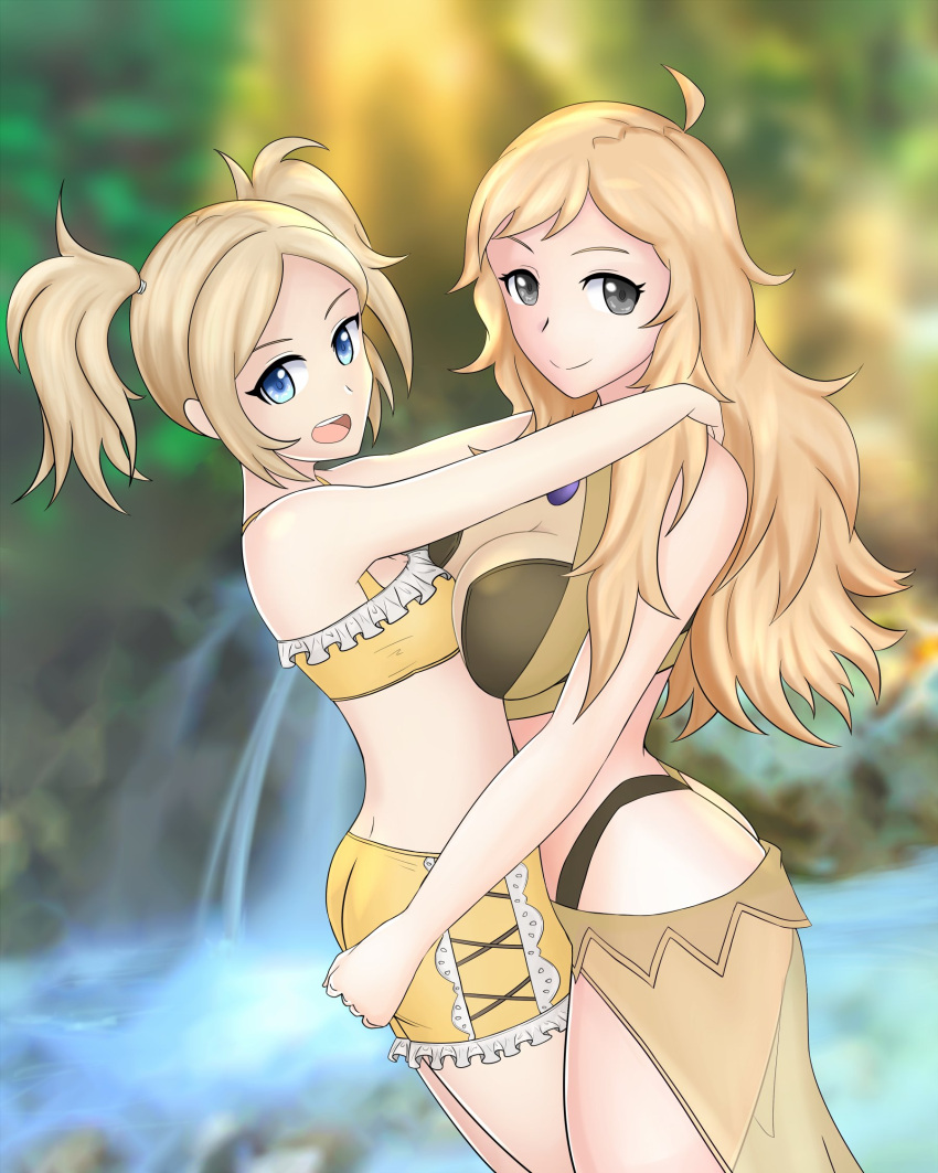 2girls adapted_costume alternate_costume asymmetrical_docking bikini_shorts black_bikini black_swimsuit blue_eyes breasts commission female female_only fire_emblem fire_emblem_awakening fire_emblem_fates grandmother_and_granddaughter grey_eyes hayato_stuff hug large_breasts lissa_(fire_emblem) long_hair nintendo ophelia_(fire_emblem) sarong small_breasts teenager twintails yellow_bikini yellow_swimsuit