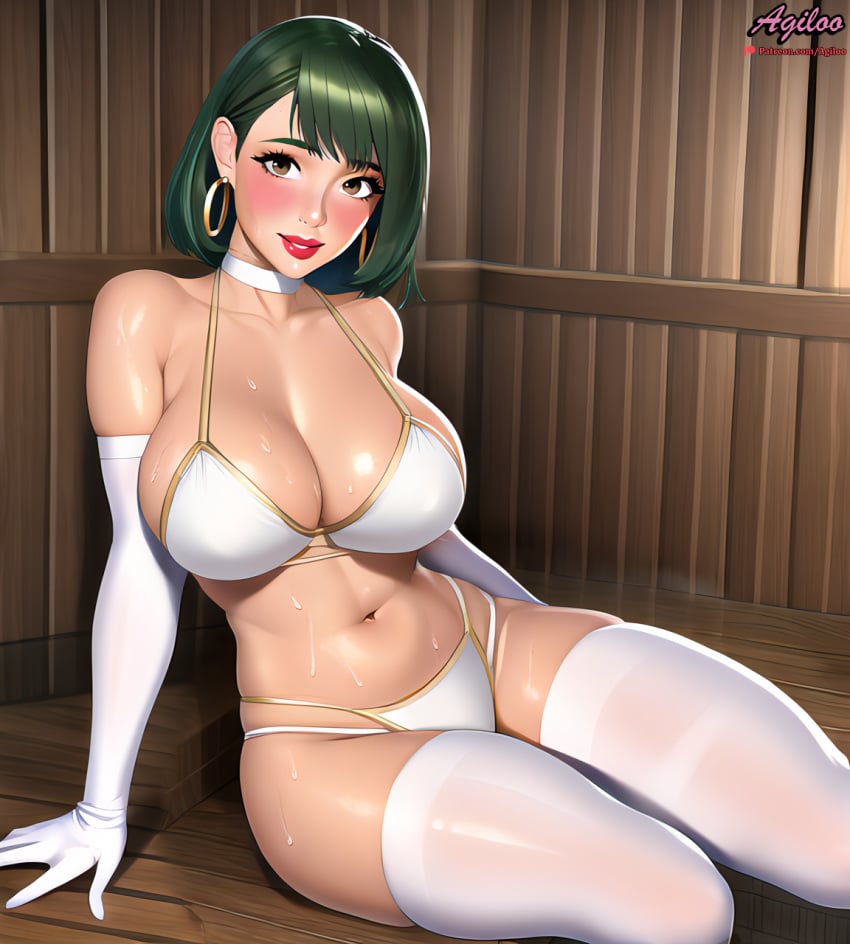 agiloo ai_generated big_breasts bikini bikini_bottom bikini_top choker green_hair latex latex_gloves latex_stockings latex_thighhighs red_lipstick sauna shiny_skin sweat sweatdrop sweating thick_thighs