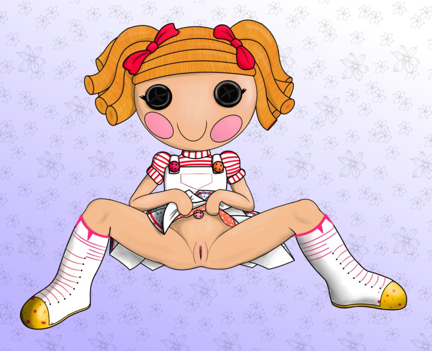 boots bottomless button_eyes clothing clothing_lift doll dress female female_only front_view honeysmother jpg lalaloopsy nick_jr pussy reclining smile solo spot_splatter_splash tagme