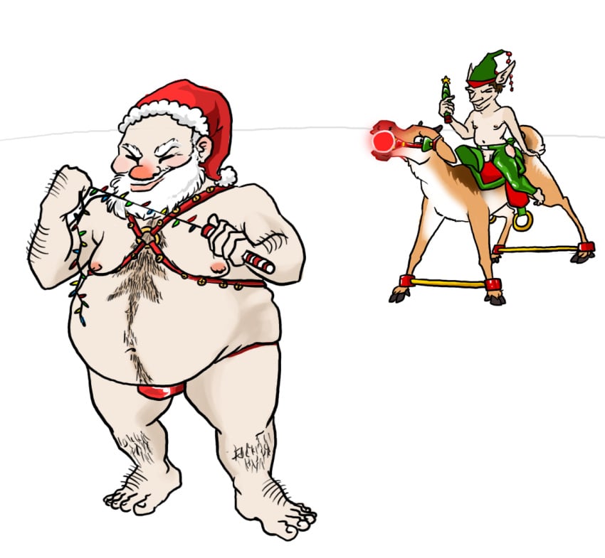 3boys artist_request ball_gag beard big_belly chaps christmas christmas_elf christmas_lights elf elf_ears elf_hat facial_hair gag gagged gay hairy harness hobble hobbled jingle_bells pointy_ears reindeer rudolph saddle santa_claus santa_hat tagme thong white_hair