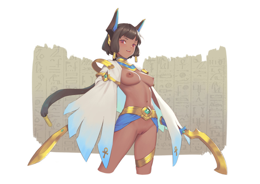 bangs bigrbear black_hair breasts dark-skinned_female dark_skin egyptian female hieroglyphics holding holding_sword holding_weapon horns long_hair looking_at_viewer medium_breasts navel nipples open_mouth original pussy red_eyes short_hair simple_background solo standing sword uncensored weapon white_background