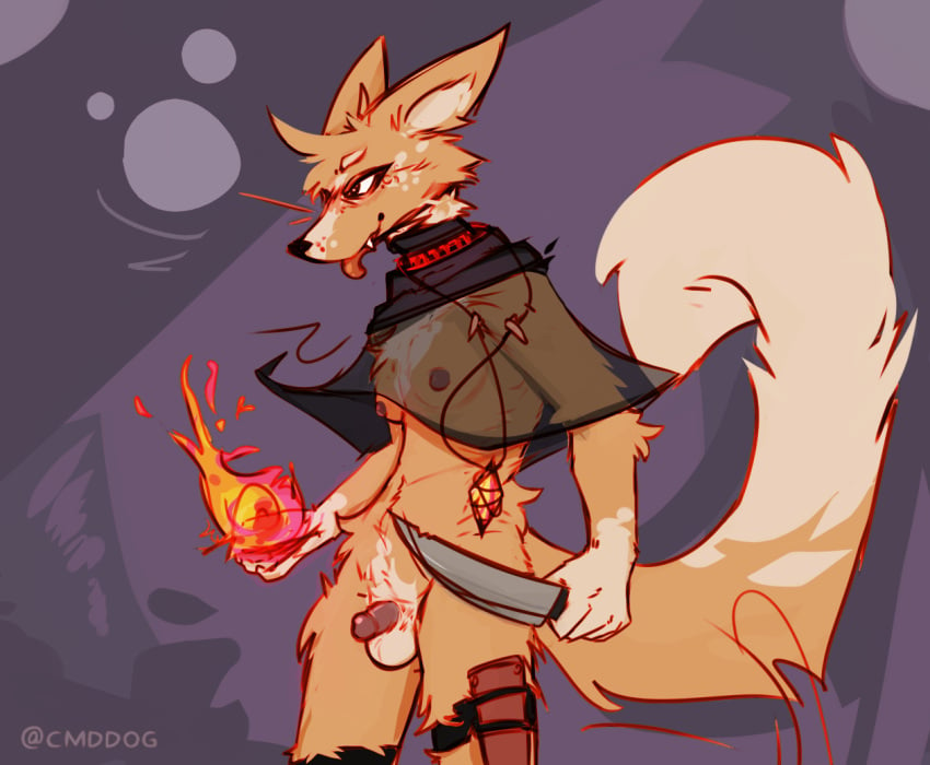 1futa 2022 anthro balls biped blep breasts canid canine clothing digital_media_(artwork) elemental_manipulation faltemis_(lawyerdog) fire fire_manipulation fox fur futanari genitals gloves_(marking) gynomorph holding_knife holding_object humanoid_genitalia humanoid_penis intersex jewelry knife lawyerdog mammal markings necklace orange_body orange_fur penis shawl small_breasts small_penis solo tongue tongue_out translucent translucent_clothing white_balls white_body white_fur