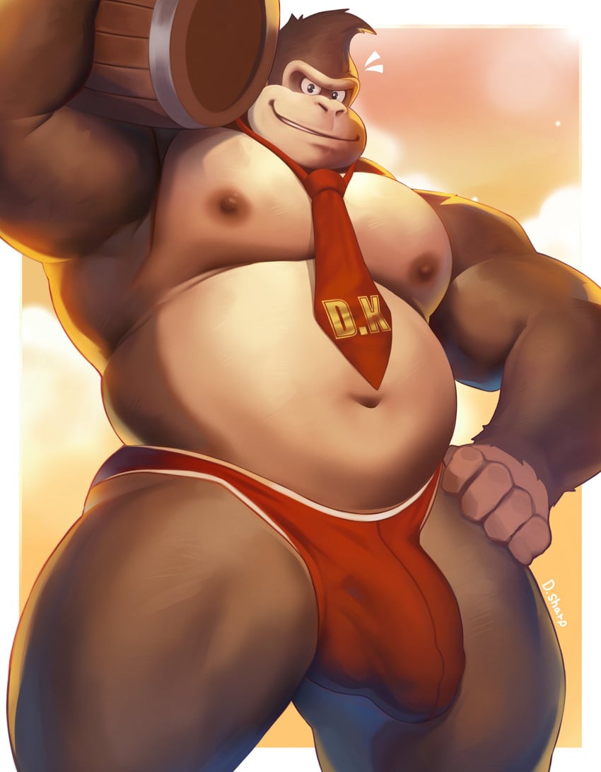 1boy 2022 anthro ape bara barrel beefy belly biceps big_belly big_bulge big_muscles big_pecs big_penis border briefs bulge bulge_through_clothing chubby clothed clothing cloud container detailed_bulge donkey_kong donkey_kong_(series) dsharp_k fur furry furry_male furry_only gay gorilla hand_on_hip haplorhine hi_res holding_barrel holding_container holding_object looking_at_viewer male male_focus male_only mammal moobs musclegut muscles muscular muscular_anthro muscular_arms muscular_male navel necktie nintendo nipples obliques overweight overweight_anthro overweight_male pecs pose primate simple_background sky smile smiling smiling_at_viewer solo solo_focus solo_male standing super_smash_bros. thick_thighs thong tie topless topless_anthro topless_male tuft underwear video_games white_border