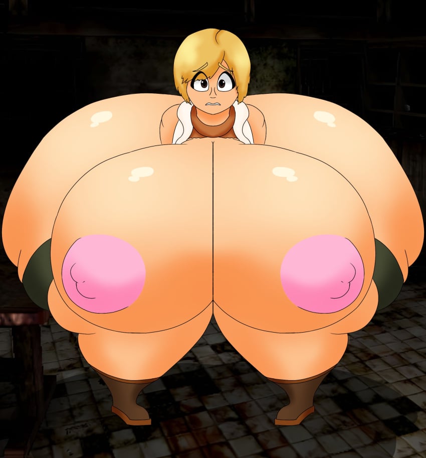 1girls big_ass big_breasts blonde_hair boots brown_eyes expansion female female_only forced_expansion heather_mason huge_areolae huge_ass huge_breasts hyper hyper_ass hyper_breasts konami light-skinned_female looking_at_viewer looking_scared scared silent_hill silent_hill_3 tagme user3345