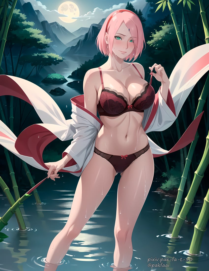 1girls ai_generated bare_legs bare_shoulders barely_clothed blush bob_cut boruto:_naruto_next_generations bra breasts cleavage collarbone green_eyes haruno_sakura kimono lake long_hair mature mature_female midriff milf nai_diffusion naruto naruto_(series) nature off_shoulder outdoors pak-fa-t-50 panties partially_clothed partially_submerged pink_hair pinup sakura_haruno short_hair smile solo solo_focus stable_diffusion standing strap_pull strap_slip tease teasing teasing_viewer underwear water wet wet_body wet_hair wet_skin