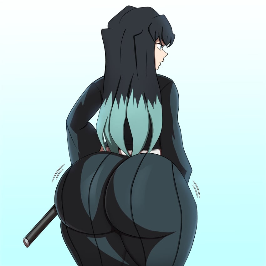 1boy ass back_view big_ass big_butt clothed clothing demon_slayer femboy huge_ass kimetsu_no_yaiba large_ass long_hair male male_only motion_lines muichiro_tokitou open_mouth simple_background solo solo_male standing w1hot