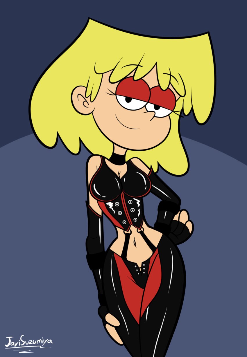 1girls accurate_art_style bloodrayne_(cosplay) breasts cleavage corset eyeshadow female female_only half-closed_eyes javisuzumiya latex latex_clothing looking_at_viewer lori_loud pants solo solo_female solo_focus straight_hair the_loud_house yellow_hair