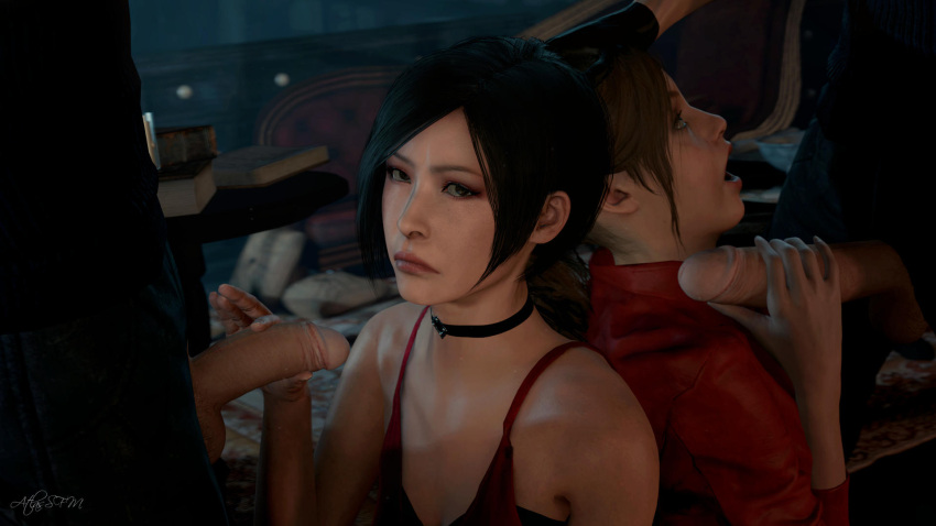 2boys 2girls 3d ada_wong ada_wong_(adriana) atlassfm black_hair blue_eyes brown_hair claire_redfield indoors looking_at_partner looking_at_viewer penis ponytail resident_evil short_hair tagme