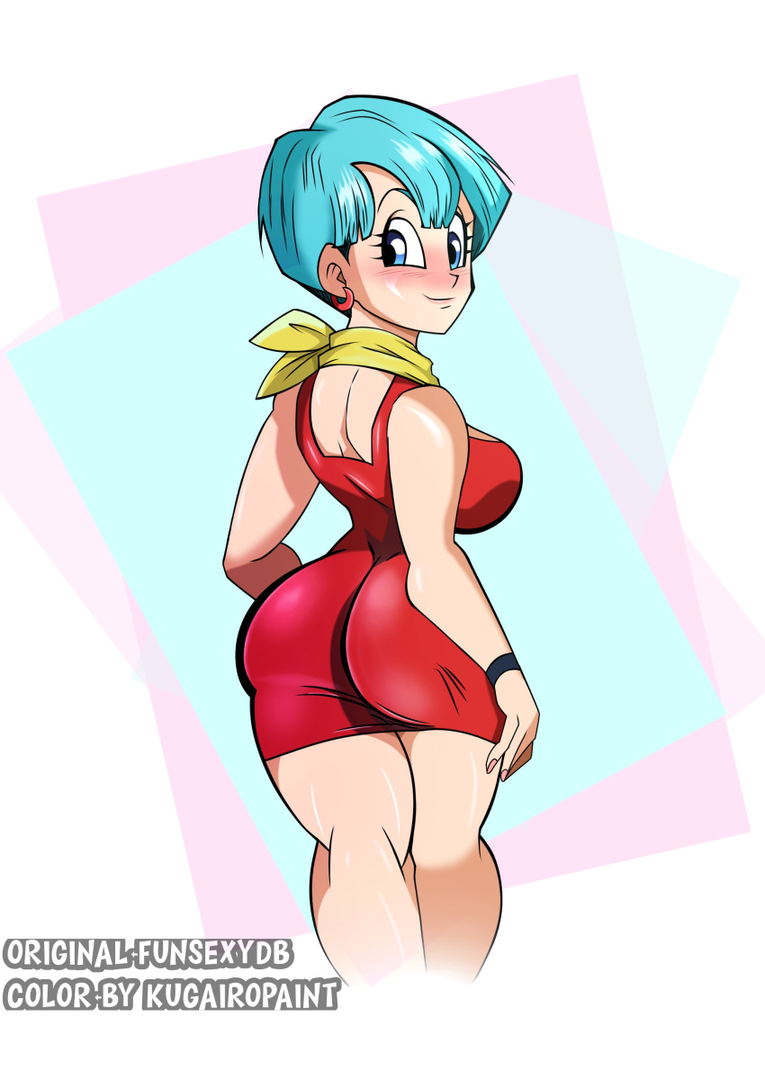 1girls ass_in_dress blue_eyes blue_eyes_female breasts bulma_briefs colored dragon_ball dragon_ball_z dress_inside_ass edit female female_only funsexydragonball hair hips indoors kugairopaint light_skin milf mother panties solo toei_animation