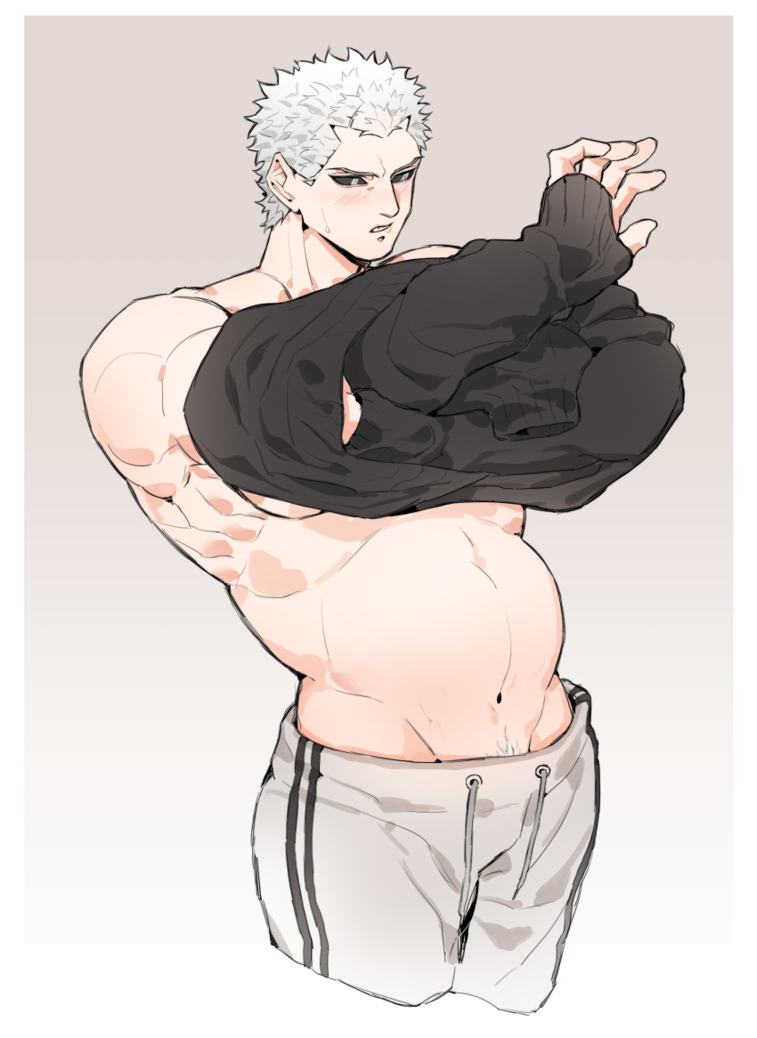 babulon black_sclera blush kengan_(series) kengan_ashura kure_raian male male_only male_pregnancy muscular muscular_male pale-skinned_male pale_skin pregnant pubic_hair_peek solo sweatdrop sweater sweatpants undressing white_hair