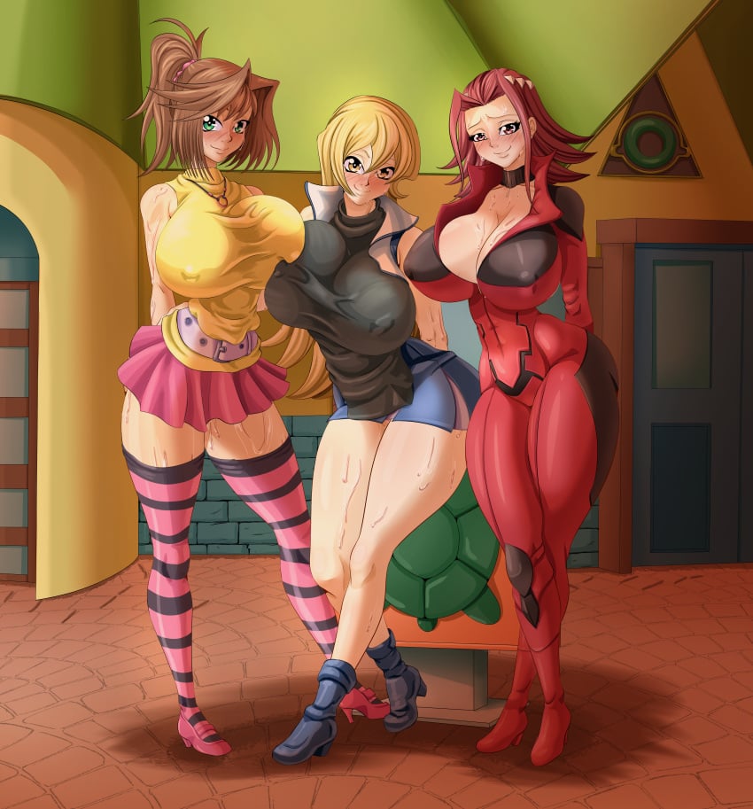 3girls akiza_izinski alexis_rhodes ass big_ass big_breasts blonde_hair blue_boots blue_skirt blush boots breast_lift breast_press breasts brown_hair cleavage curvy female female_obelisk_blue_uniform female_only front_view game_store high_heels huge_breasts izayoi_aki jacket jacket_open jumpsuit karuro-kun konami large_breasts long_hair mazaki_anzu multiple_girls no_sleeves_shirt obelisk_blue_uniform outdoors outside pink_shoes pink_skirt public red_boots red_hair red_jumpsuit revealing_clothes school_uniform shoes short_hair short_skirt shounen_jump skirt slutty_outfit sunset sweat sweaty tea_gardner teenage_girl teenager tenjouin_asuka thick_lips thick_thighs thighhighs tight_clothing time_paradox white_belt wide_hips yellow_shirt yu-gi-oh! yu-gi-oh!_5d's yu-gi-oh!_duel_monsters yu-gi-oh!_duel_monsters_gx yu-gi-oh!_gx yu-gi-oh!_the_dark_side_of_dimensions