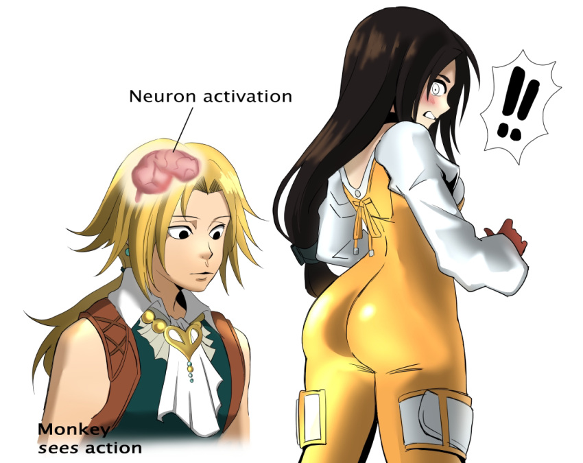 1boy 1girls ass ass_awe blonde_hair clothed female final_fantasy final_fantasy_ix garnet_til_alexandros_xvii long_hair looking_at_ass meme neuron_activation_(meme) square_enix text tight_clothing zidane_tribal