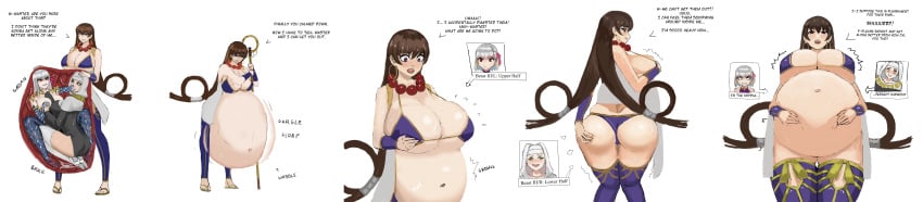 3girls absorption absorption_vore accidental_digestion after_vore ass_shot barefoot big_ass big_belly bikini_top breast_expansion brown_hair cleavage digestion digestion_noises embarrassed english_text ezkerbkun fatal_vore fate/grand_order fate_(series) female female_only kama_(fate/grand_order) large_belly long_hair monk multiple_girls navel nun post_vore same_size_vore sentient_fat sequence sesshouin_kiara short_hair stomach_bulge tagme underboob vore weight_gain white_background white_hair wide_hips x-ray xuanzang_(fate)