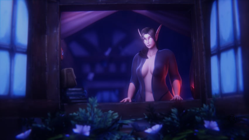 1girls blizzard_entertainment blood_elf chubby night nightgown pensive pinup tense thegrteam thick_thighs warcraft window world_of_warcraft