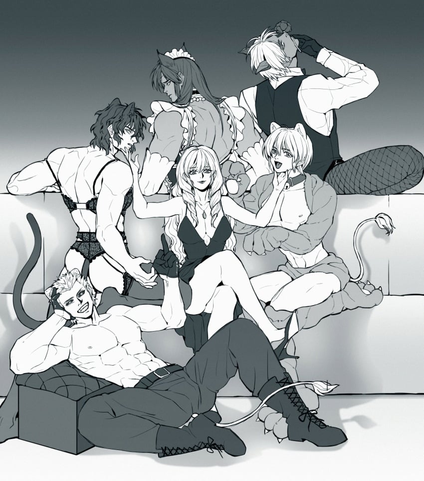 1girls 5boys babulon back_muscles bell_collar cat_ears cat_paws cat_pose cat_tail catboy cleavage collar crossdressing dark-skinned_male female fishnets full_body gaolang_wongsawat garter_belt garter_straps grin harem himuro_ryo imai_cosmo kemonomimi kengan_(series) kengan_ashura kurayoshi_rino kure_raian lace lace-trimmed_thighhighs light-skinned_female light-skinned_male lingerie lion_ears lion_tail long_hair long_hair_male looking_at_viewer looking_back maid_headdress maid_uniform male middle_finger monochrome muscular_male reverse_harem shirtless smile sofa stockings tokita_ohma topless_male