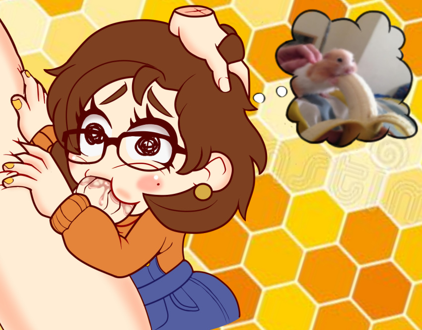 bizabizow blowjob brown_hair clothed clothed_female clothes clothing comedy fingernails funny glasses hand_on_head honeycomb_background humor keq_(artist) nail_polish orange_nails overalls thought_bubble youtube youtuber