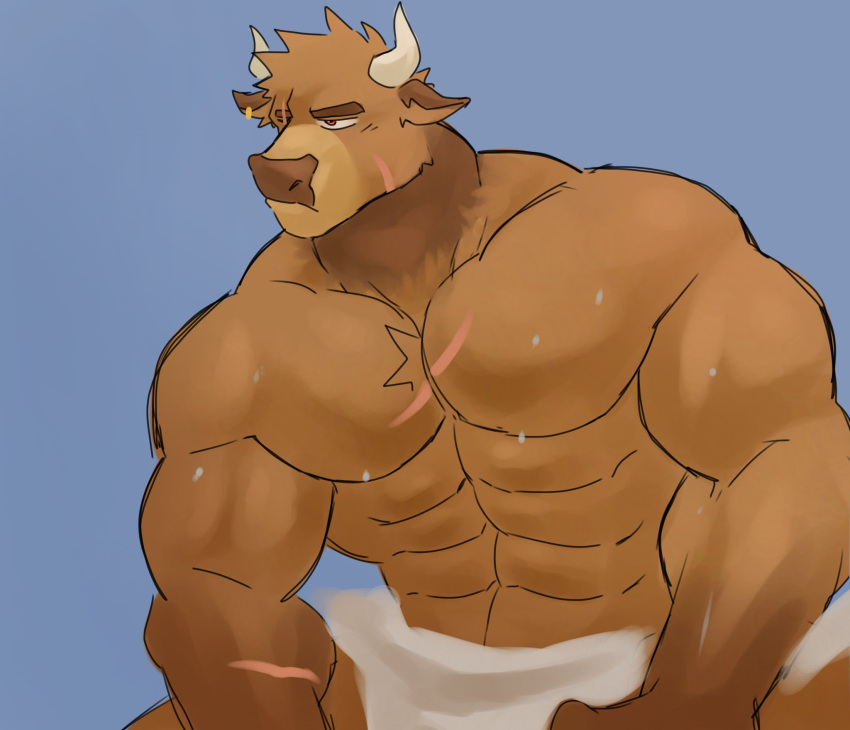 1boy abs bara biceps bovid bovine brown_fur bull fur horns ice_xhan male male_focus male_only muscular muscular_male pecs piercing serious sweating toro_buull towel