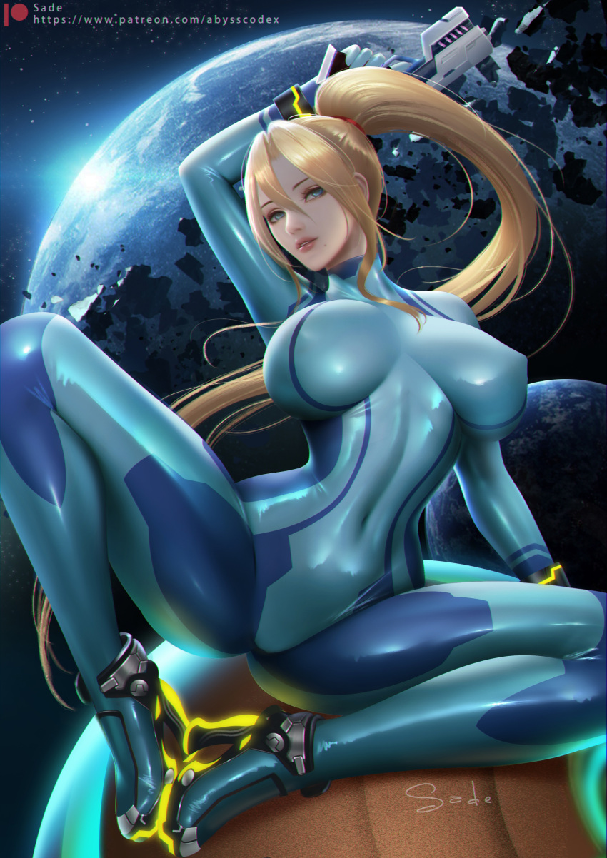 1girls alternate_version_at_source alternate_version_available asteroid asteroid_belt blonde_hair blue_eyes blue_latex bodysuit bracelet bracelets cuffs female female_only heels huge_breasts latex metroid mole mole_under_mouth nintendo paralyzer_(gun) planet ponytail sade75311 sade_abyss samus_aran space_background super_smash_bros. zero_suit zero_suit_samus