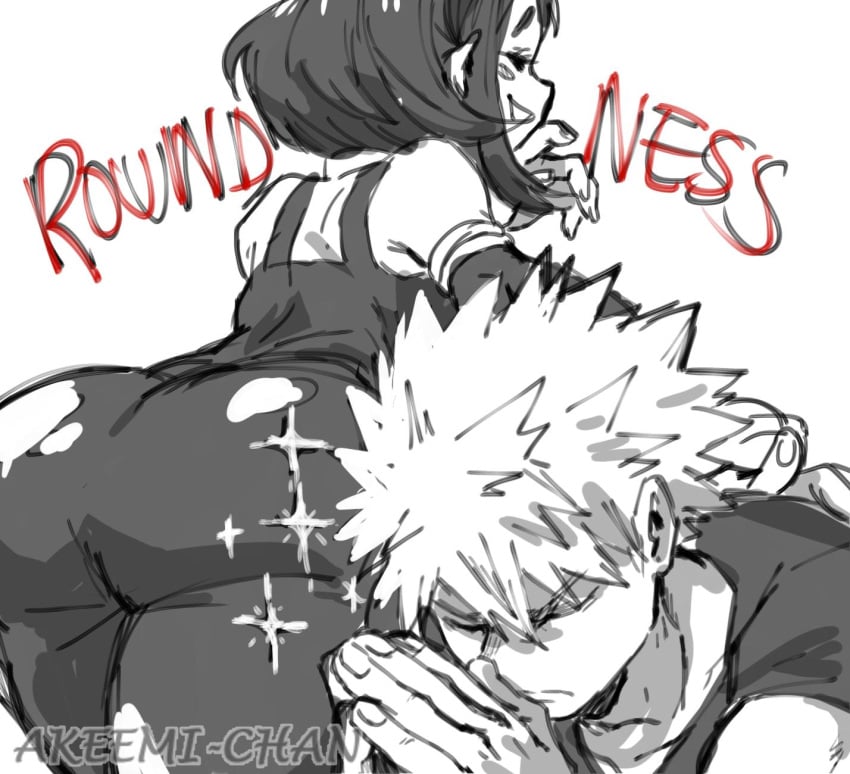 1boy 1girls akeemi-chan appreciation ass ass_focus bakugou_katsuki butt_focus clothed dat_ass female hero_outfit_(mha) katsuki_bakugou monochrome my_hero_academia ochako_uraraka ochako_uraraka_(hero_outfit) round_ass round_butt skin_tight spiky_hair straight thankful thick thick_ass tight_clothing uraraka_ochako uraraka_ochako_(hero_outfit)