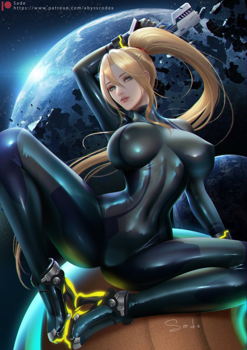 1girls alternate_version_at_source alternate_version_available asteroid asteroid_belt black_latex blonde_hair blue_eyes bodysuit bracelet bracelets cuffs female female_only heels huge_breasts latex metroid mole mole_under_mouth nintendo paralyzer_(gun) planet ponytail sade75311 sade_abyss samus_aran space_background super_smash_bros. zero_suit zero_suit_samus