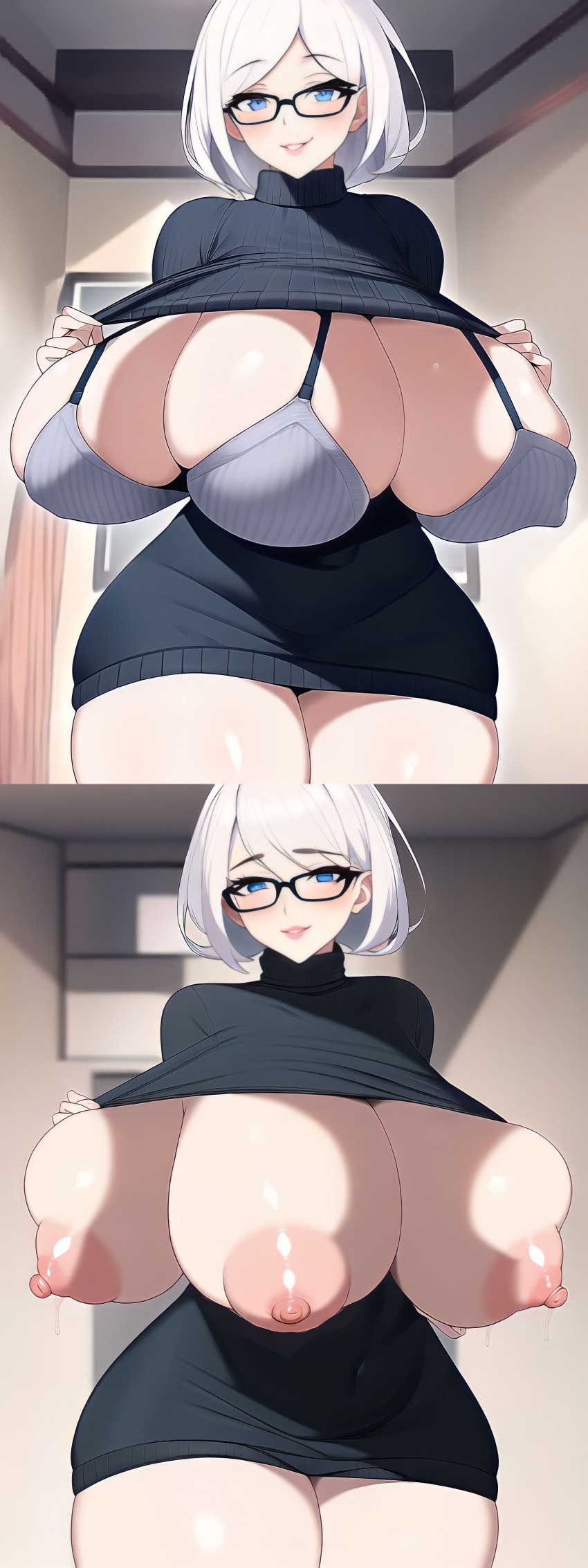 3_breasts ai_generated bangs big_areola big_breasts big_lips big_nipples black_sweater bob_cut bottomless bra breast_cutout breasts breasts_out curvy glasses hand_on_breast housewife huge_breasts inside inviting laira_(tetra_ai) milf milk mommy mommy_kink multi_breast nai_diffusion no_panties no_pants presenting short_hair smile stable_diffusion stripping sweater tetra_ai thick_thighs tight_clothing turtleneck undressing voluptuous white_hair wide_hips