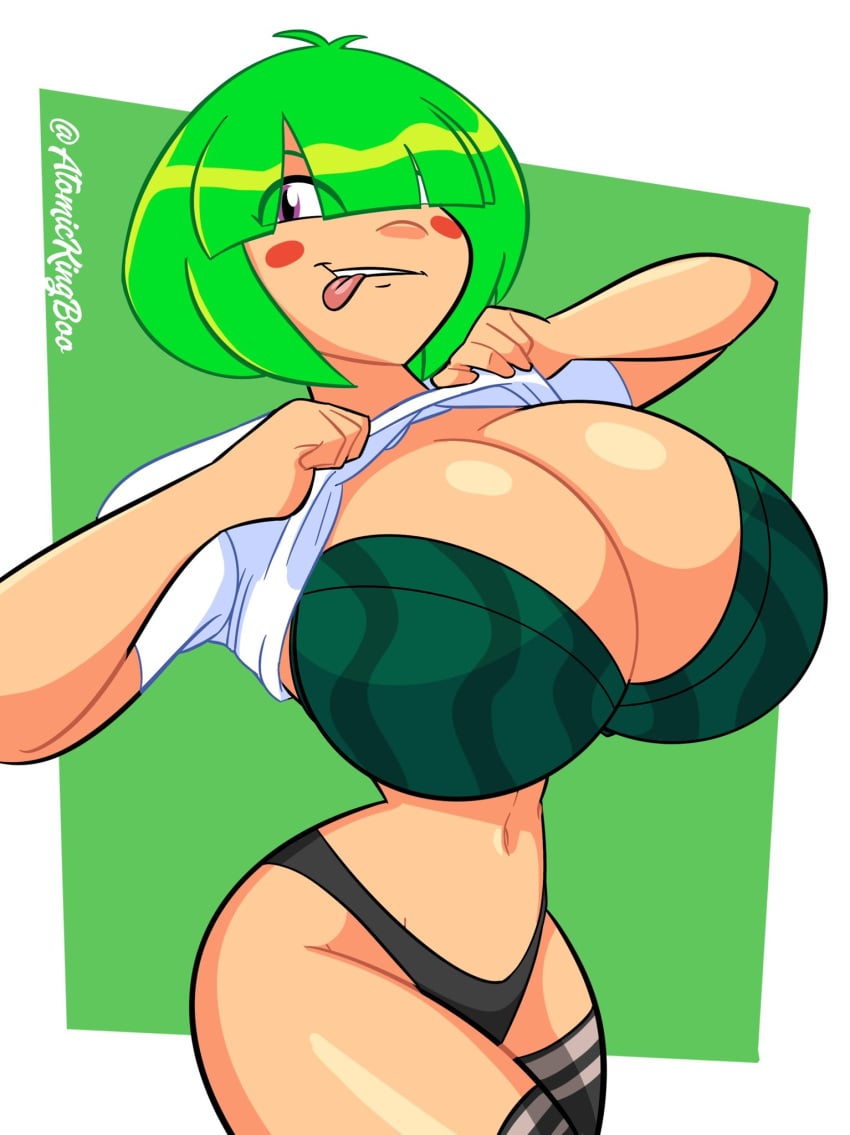 1girls atomickingboo big_breasts breasts breasts_bigger_than_head busty cleavage clothed clothed_female curvaceous curvy female female_only from_side gamer_girl green_hair green_theme hourglass_figure huge_breasts hyper_breasts legs light-skinned_female light_skin lower_body moni_peiper original original_character punk_girl short_hair solo thick thick_legs thick_thighs thighs upper_body voluptuous watermark