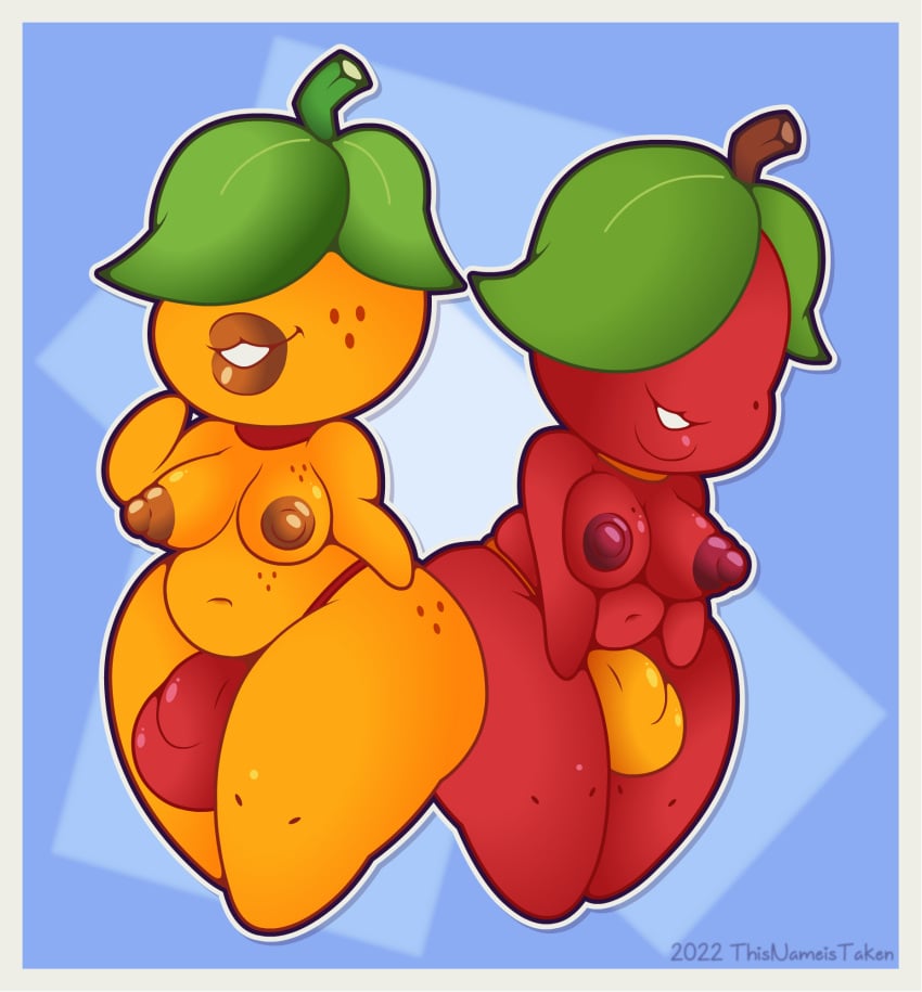 2futas abstract_background apple areola areolae balls beauty_mark belly big_balls big_breasts big_penis blue_background bottom_heavy breasts bulge chibi choker clothing duo elemental_creature eyeless flaccid flora_fauna food food_creature food_humanoid freckles fruit futa_only futanari genitals glistening glistening_breasts gynomorph hi_res huge_hips humanoid intersex jewelry leaf leaf_hair lips mostly_nude navel necklace nipples orange_(fruit) orange_body original_characters penis pinup plant plant_hair pose pseudo_hair puffy_areola puffy_nipples red_body short_stack shortstack simple_background slightly_chubby smile smiling_at_viewer standing thick_lips thick_thighs thisnameistaken thong underwear wide_hips