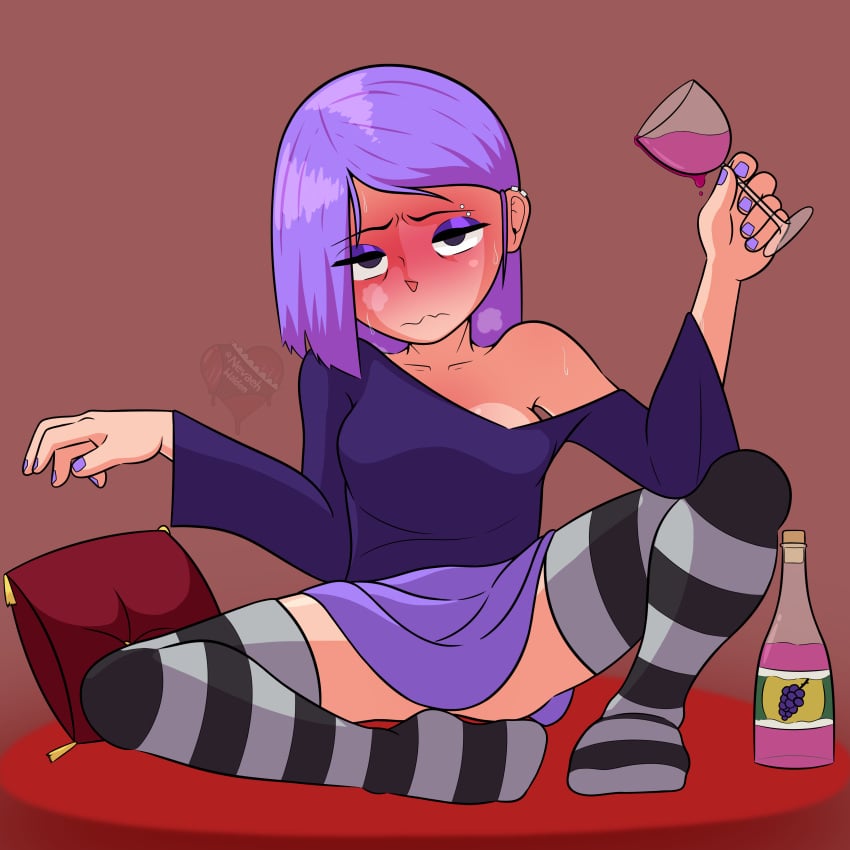 1girls 2022 alcohol blush bottle breasts drunk duolingo emberbaye emo emo_girl eyeshadow female female_only light-skinned_female light_skin lily_(duolingo) long_socks piercing pillow purple_fingernails purple_hair simple_background wine wine_bottle wine_glass