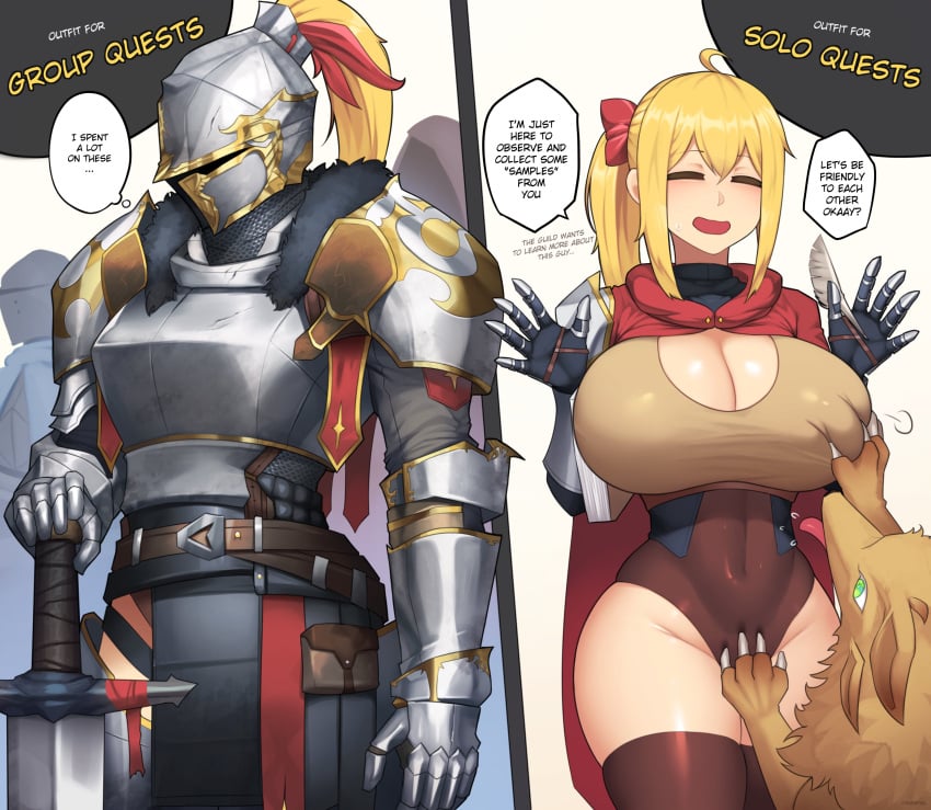 1girls armor bare_thighs big_breasts blonde_hair boob_window cape chikaretsu eyes_closed female_knight green_eyes hourglass_figure knight lune_(chikaretsu) mmorpg slim_waist sword tagme text_bubble thigh_highs weapon wide_hips wolf yellow_eyes