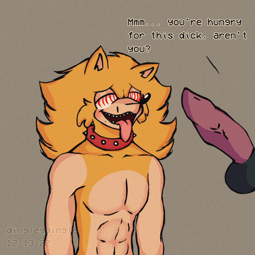 anthro big_balls big_penis blush cleetusnsfw fleetway_super_sonic furry furry_dick lustful_gaze mobian mobian_(species) mole_under_mouth muscular red_collar red_eyes sega sharp_teeth sonic.exe sonic_(series) sonic_the_hedgehog_(series) text tongue_out watermark yellow_fur