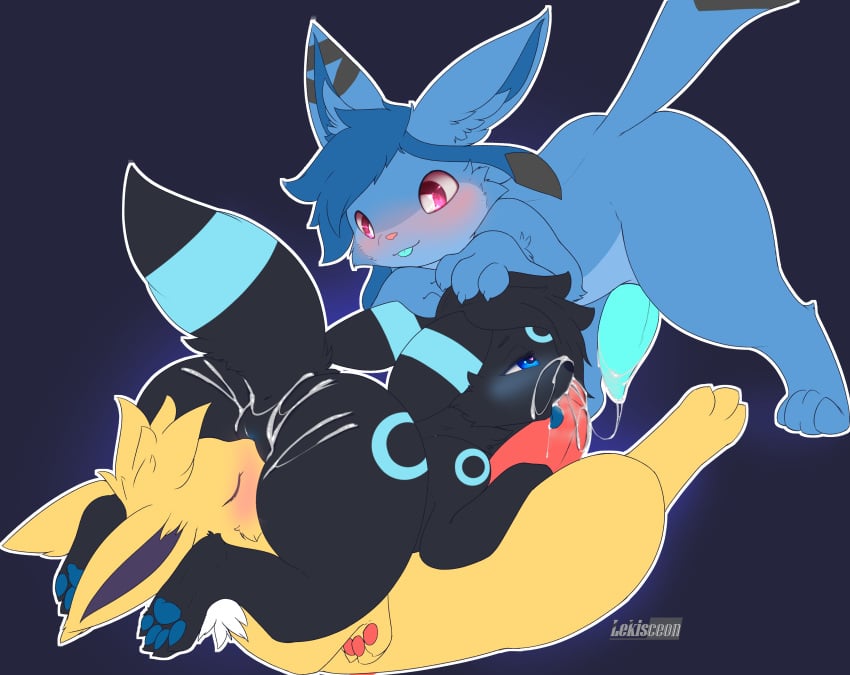 absurd_res ass bodily_fluids cum cum_on_butt cum_on_face cunnilingus digital_media_(artwork) eeveelution female feral generation_1_pokemon generation_2_pokemon generation_4_pokemon genital_fluids genitals glaceon group group_sex hair hi_res jolteon leki_(lekisceon) lekisceon male male/female nintendo nude oral pokémon_(species) pokemon pokemon_(species) pussy sex simple_background soruchee_(soruchee) syna_the_umbreon trio umbreon vaginal_penetration video_games