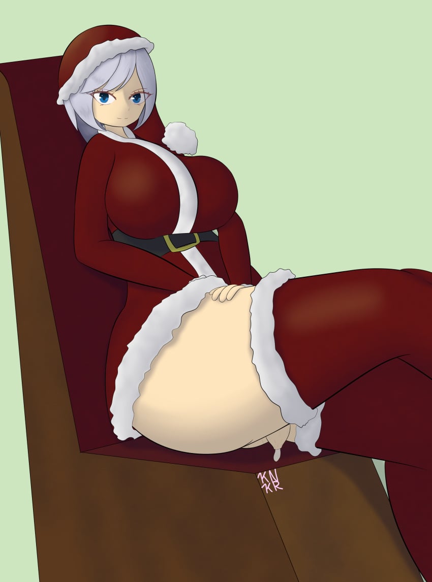 1futa absolute_territory balls blue_eyes bottomless breasts christmas clothed clothing dickgirl flaccid futa_only futanari human intersex jenny_lunaria kinkaru light-skinned_futanari light_skin mostly_clothed original penis precum santa_costume santa_hat self_upload silver_hair solo thick_thighs thighhighs wide_hips