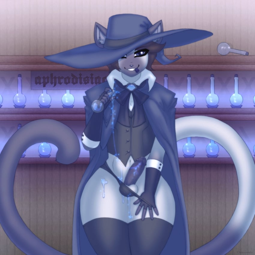 1:1 anthro aphrodisiac blue_eyes brown_hair chococosalo clothed clothing domestic_cat dripping ears_through_headwear felid feline felis femboy formal_wear fur genitals girly gloves grey_body grey_fur hair handwear hat headgear headwear hi_res legwear long_tail looking_at_viewer male mammal panties panties_down pantsless partially_clothed penis potion_bottle purple_body purple_fur purple_penis shelf siamese solo text thick_thighs thigh_highs underwear underwear_down valery_funika