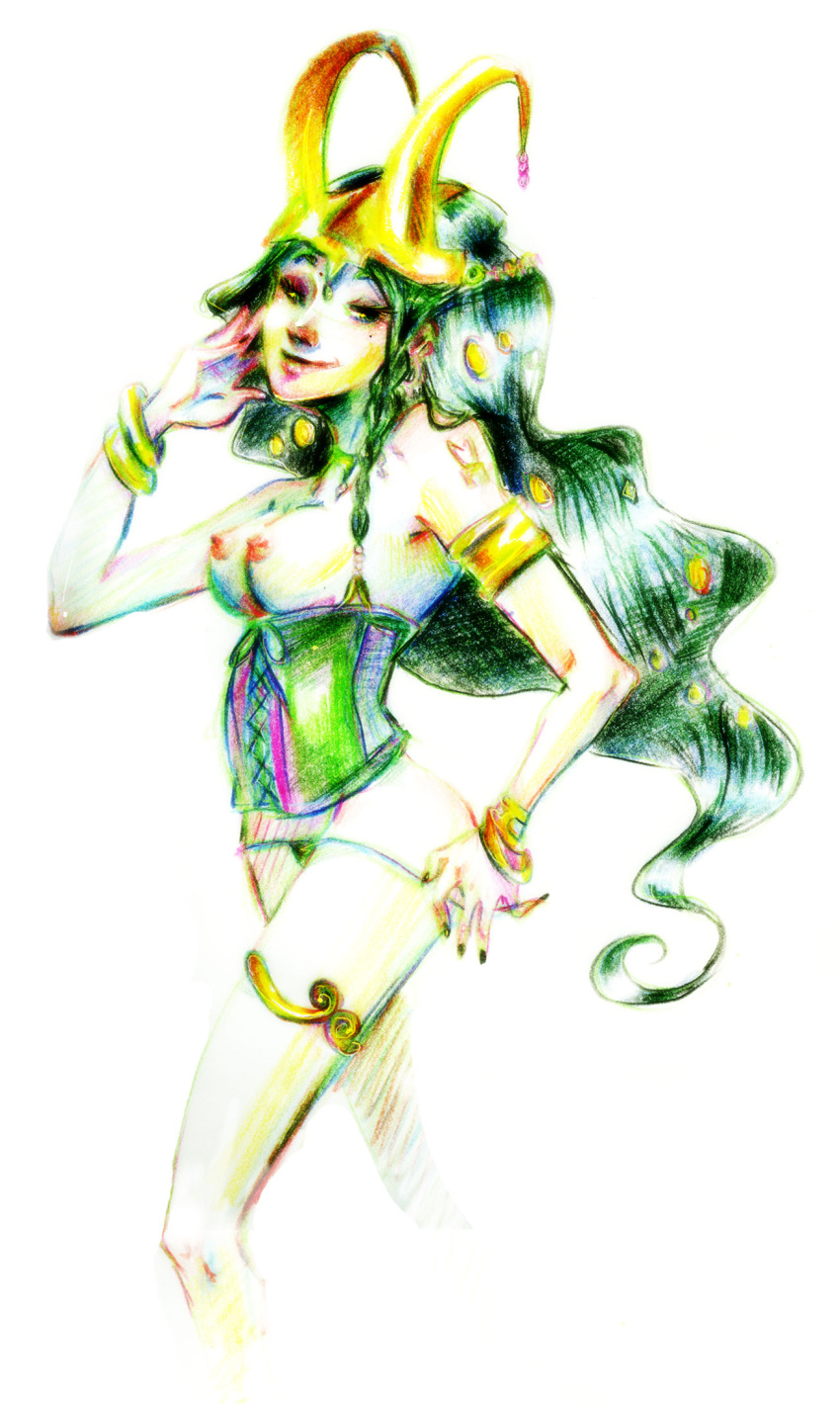 1girls bracelet colored_pencil_(artwork) corset female female_only genderswap_(mtf) green_hair human human_only lady_loki light-skinned_female light_skin long_hair marvel medium_breasts nail_polish rule_63 solo solo_female straight_hair thor_(series) traditional_media traditional_media_(artwork)