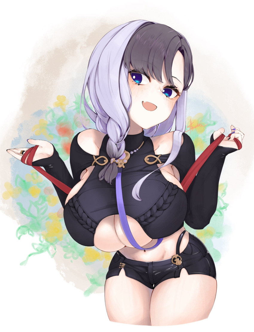 1girls asaii_rit azarashi_hapu belly_button big_breasts black_hair blue_eyes boob_window female female_only light-skinned_female light_skin oerba_yun_fang purple_nails solo teasing teasing_viewer thick_thighs two_tone_hair v-llage virtual_youtuber