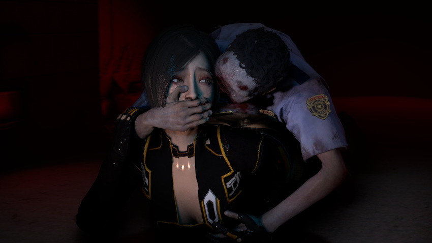 1boy 1girls 1monster 3d ada_wong ada_wong_(adriana) anal asian_female black_hair bob_cut brown_eyes capcom clothed_sex from_behind gregnoff lying_on_person penetration pinned resident_evil restrained sex source_filmmaker tagme zombie