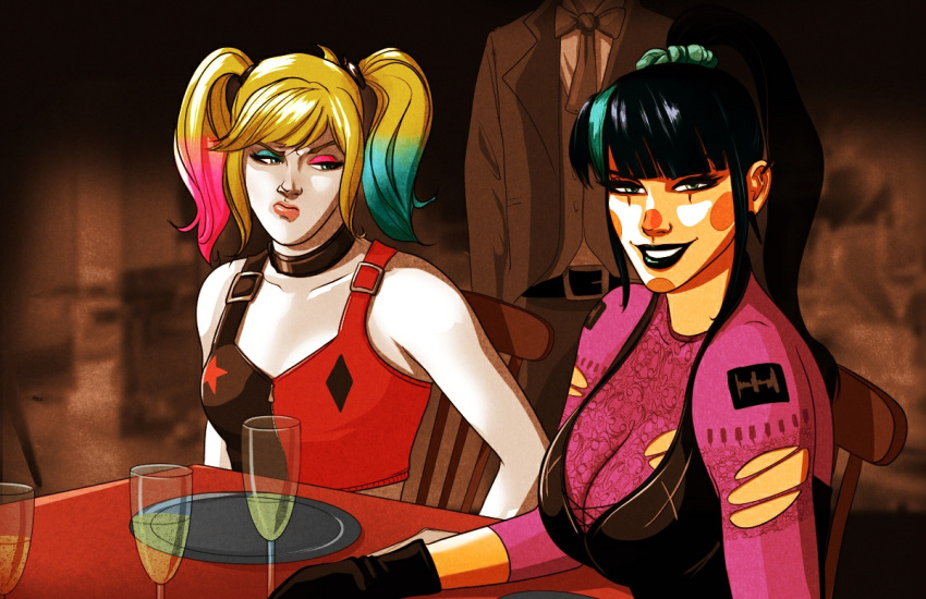 2girls artist_request batman_(series) big_breasts breast_envy cleavage dc dc_comics dinner_table female female_focus harley_quinn jealous meme parody punchline_(dc)