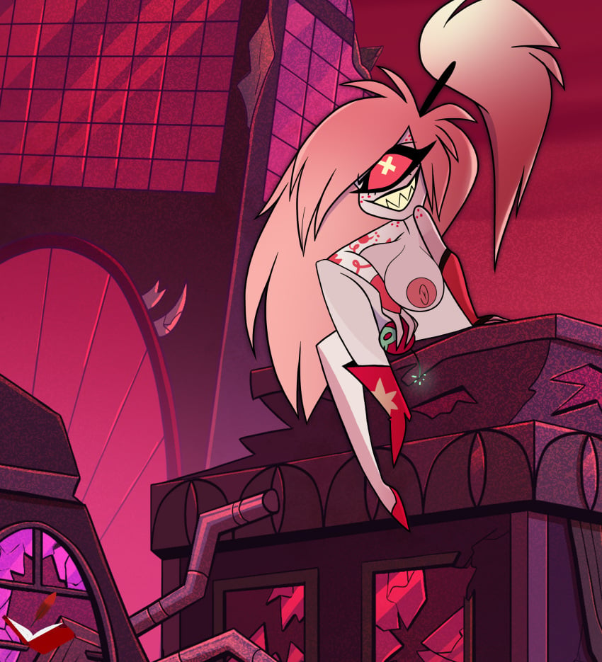 1girls areolae big_breasts cherri_bomb_(hazbin_hotel) cyclops demon_girl edit hazbin_hotel legs nipple nipples nude one_eye one_nipple_out redquill07 rooftop sharp_teeth vivienne_medrano vivziepop