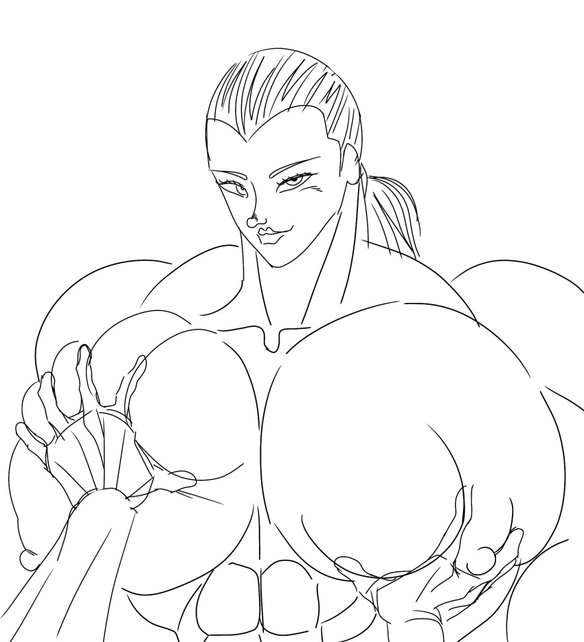 1boy 1male abs areola areolae artist_request baki baki_the_grappler bara bara_tits big_areola big_areolae big_arms big_chest big_lips big_nipples big_pecs big_shoulders black_and_white bodybuilder bodybuilding draft femboy grab grabbing grabbing_breasts grabbing_pecs grappler_baki hand_on_breast hands hands_on_breasts huge_pecs kureha_shinogi lips long_hair male_only monochrome muscular muscular_arms muscular_chest muscular_femboy muscular_male muscular_shoulders nipples no_color pecs pectorals sketch smile smiling_at_viewer touching touching_hair touching_pecs